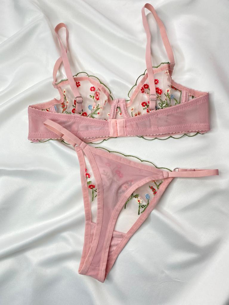 Pembe Çiçek Desenli Bralet Takım