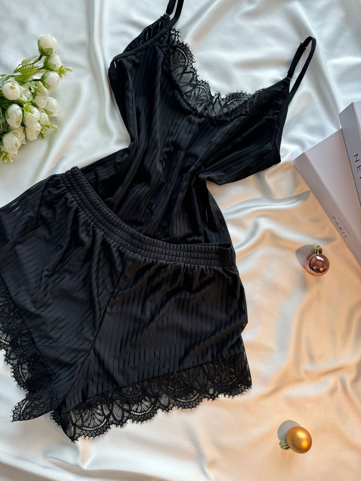 Çizgili Pijama Takım Siyah