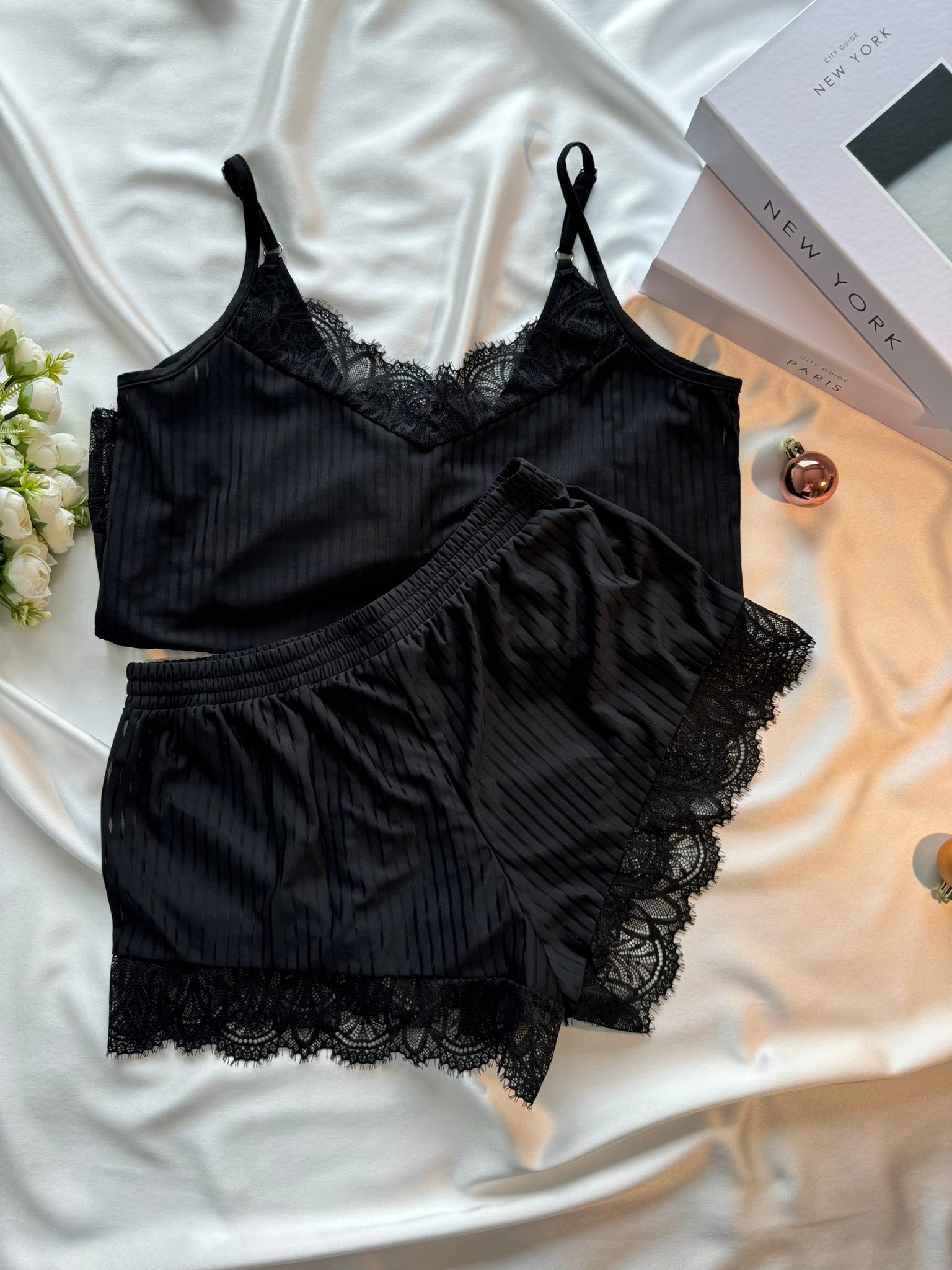 Çizgili Pijama Takım Siyah